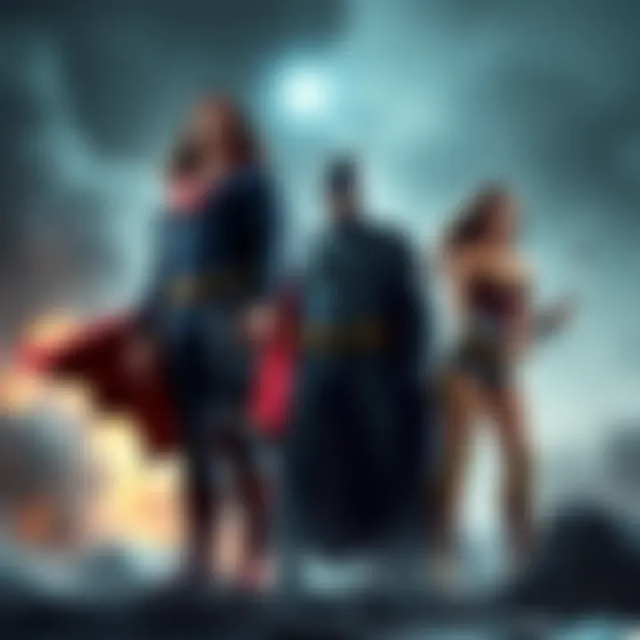 The Justice League characters including Superman, Batman, and Wonder Woman, standing together in a powerful pose, symbolizing teamwork and heroism.