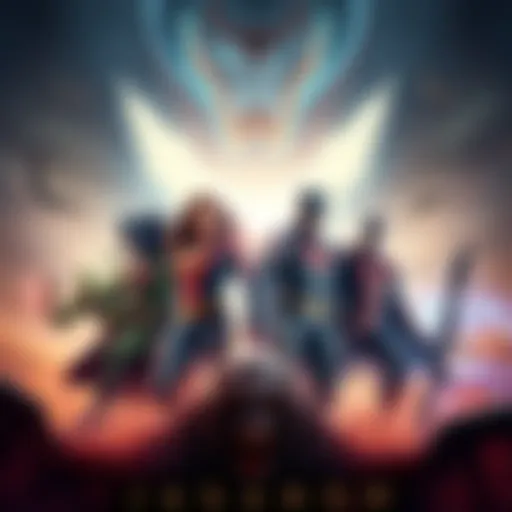 Justice League vs Jagganoth The Justice League members face off against Jagganoth in a powerful showdown with intense energy and dynamic poses.