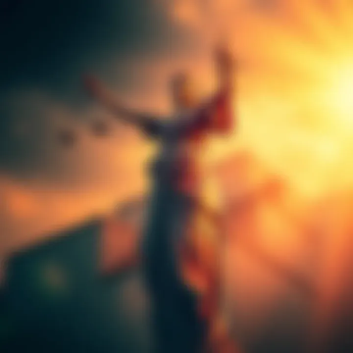 A figure representing justice stands tall, holding scales in one hand and a gavel in the other, symbolizing fairness and law.