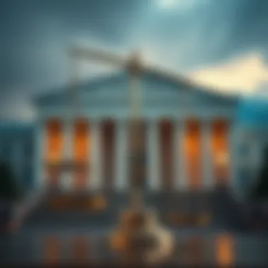 A close-up of a balanced scale symbolizing justice, set against a blurred backdrop of a courthouse.