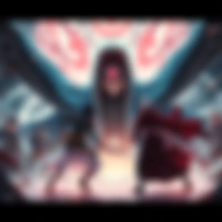 A thrilling battle scene featuring Juubi Madara with a third eye confronts Adult Sasuke, DMS Obito, and Timeskip Sarada, showcasing their powers and readiness for combat.