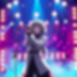 Juufuutei Raden performing a cover of Shinigami, with a vibrant stage background and a microphone in hand.