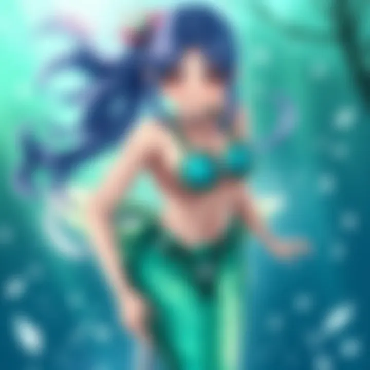 Juvia, a character from Fairy Tail, is transformed into a mermaid, showcasing her scales and flowing hair, symbolizing her magical transformation.