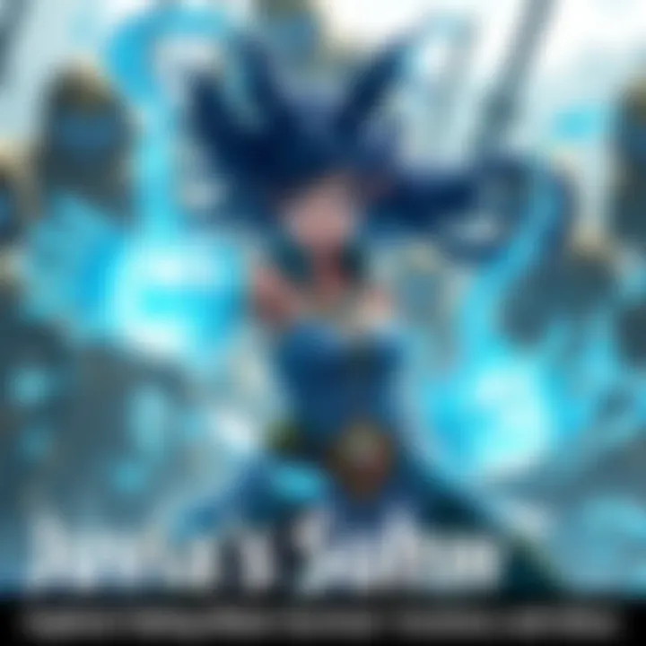 Juvia creating water clones while surrounded by allies, showcasing her abilities to survive challenges.