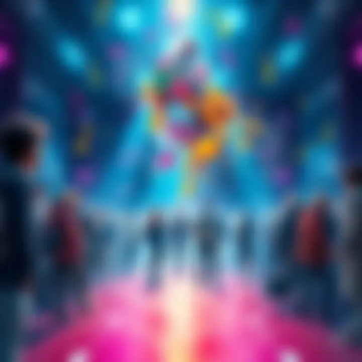 A vibrant scene where people are immersed in creativity, inspired by K.09's English voice, with musical notes and colorful ideas swirling around them.