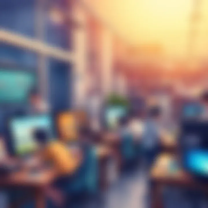 A vibrant scene showcasing a bustling anime studio with artists at work, illustrating characters and scenes for new anime series.