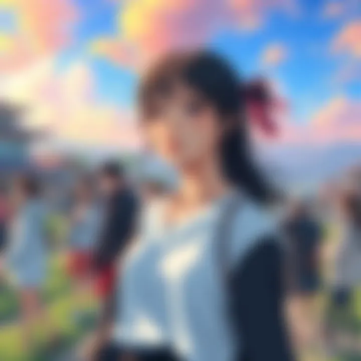 Kaede Kakizaki in a Unique World Kaede Kakizaki standing in a vibrant landscape, surrounded by a diverse group of people, illustrating the 1:39 male to female ratio in her parallel world.