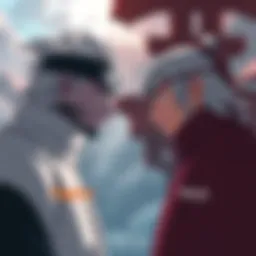Illustration showing Yagura and Rasa facing each other, each representing their villages with distinct backgrounds that highlight their leadership styles