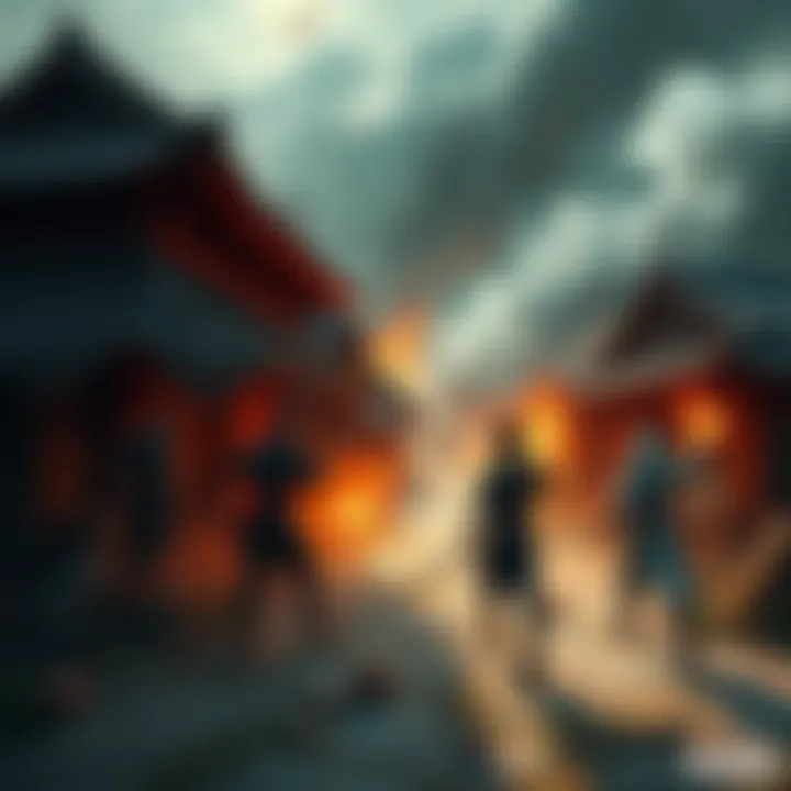 A tense scene depicting the Kagemoris clan attacking a village, illustrating conflict and chaos among the villagers and clan members.