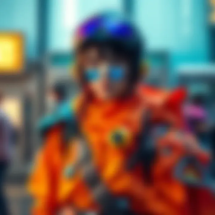 A person dressed as Kai in vibrant costume with unique accessories, showcasing the character's signature look