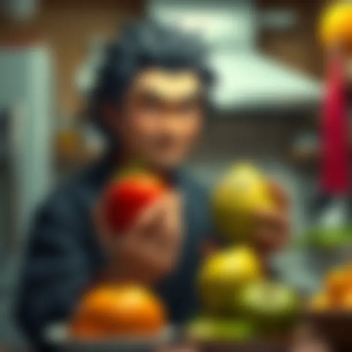 Kaido humorously holding a fruit that resembles Kuma's, with a playful kitchen setting in the background.