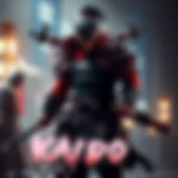 A fierce character, Kaido, stands ready for battle, showcasing his intimidating presence and strength, with weapons visible in the background.