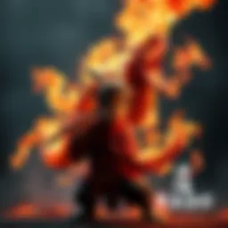 Kaido in Hybrid Form Kaido transforming into his Hybrid Form with the Flaming Drum Dragon, radiating intense flames and showcasing his powerful stance.