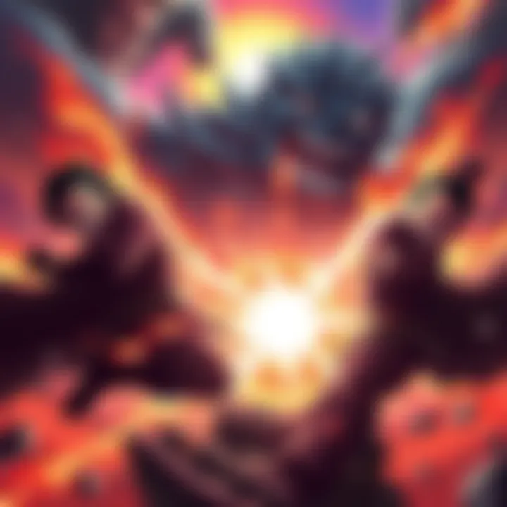 A dramatic scene showing Kaido clashing with Roger and Big Mom, surrounded by a fiery backdrop, showcasing their powers in a fierce battle.