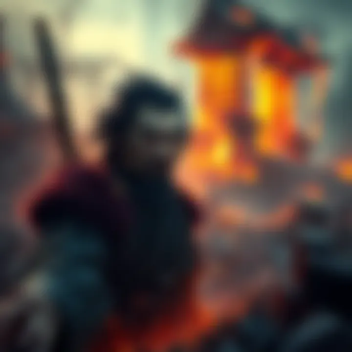 Kaido in turmoil Kaido looking distressed amidst ruins, surrounded by chaos, symbolizing his major setback