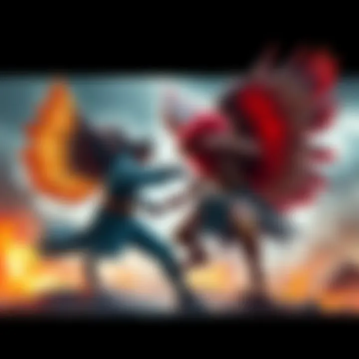 A fierce battle scene between Kaido and Mihawk, showcasing their powerful abilities and determination