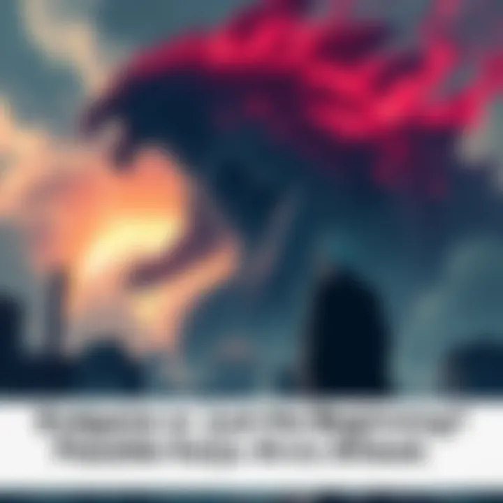 A dramatic scene showing a giant kaiju towering over a city with Kafka in the foreground, looking determined yet conflicted, hinting at an ongoing struggle for humanity.