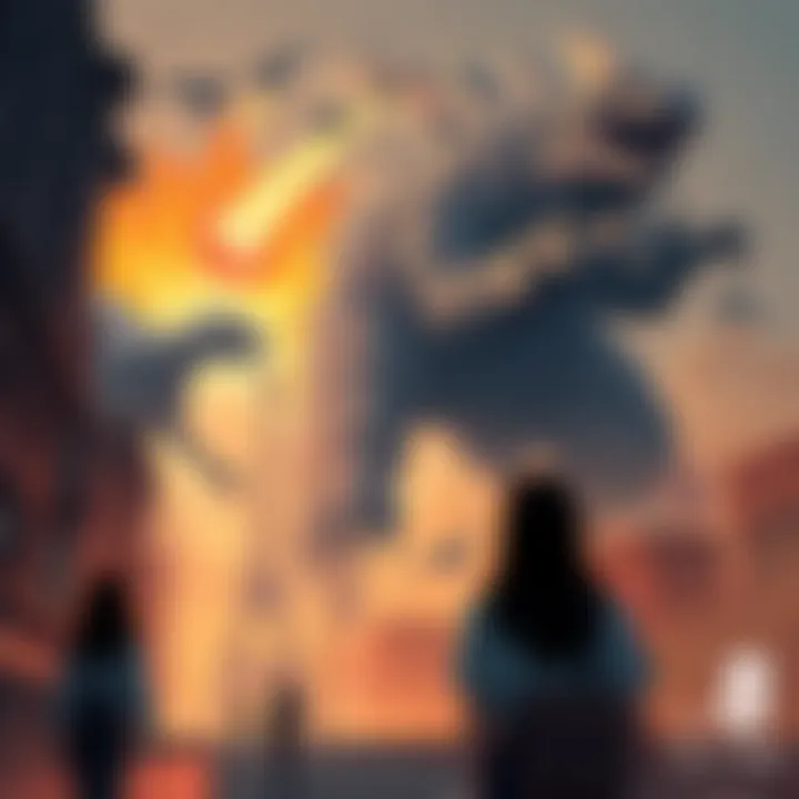 A dynamic illustration showing giant monsters battling in a city, with humans observing in awe, highlighting the excitement of a potential sequel to Kaiju no 8.