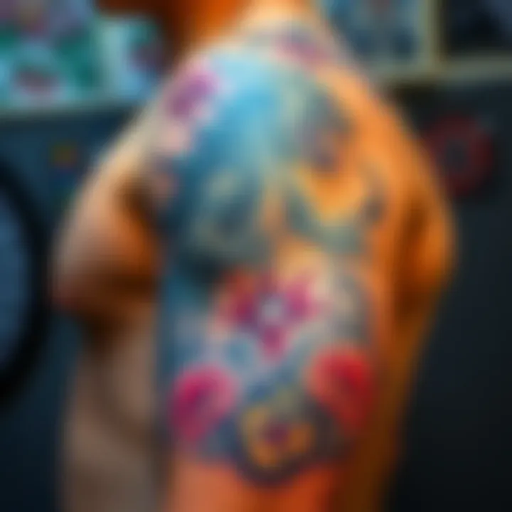 A colorful and detailed kaiju tattoo on a person's arm, showcasing a fierce creature surrounded by vibrant designs.