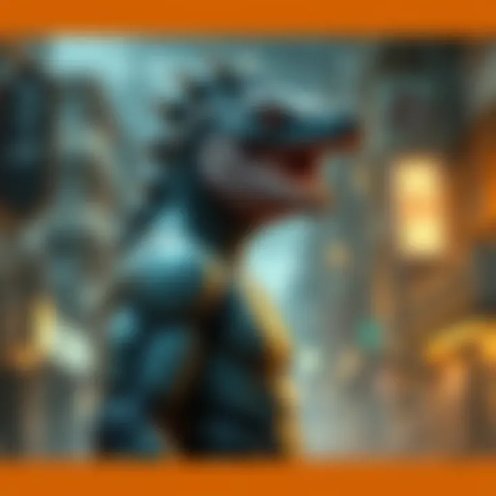 Kaiman stands in a gritty urban setting, showing his reptilian head and intense expression, with hints of his connections to Ebisu, Aikawa, and Risu in the background.