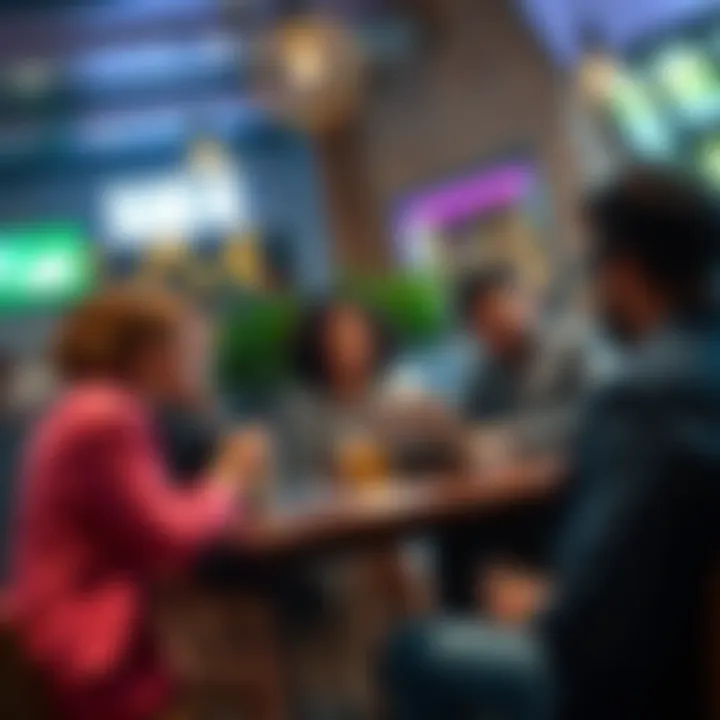 A group of people engaging in a lively discussion about Kaio-dih times 4 at a café, with laptops and notepads.