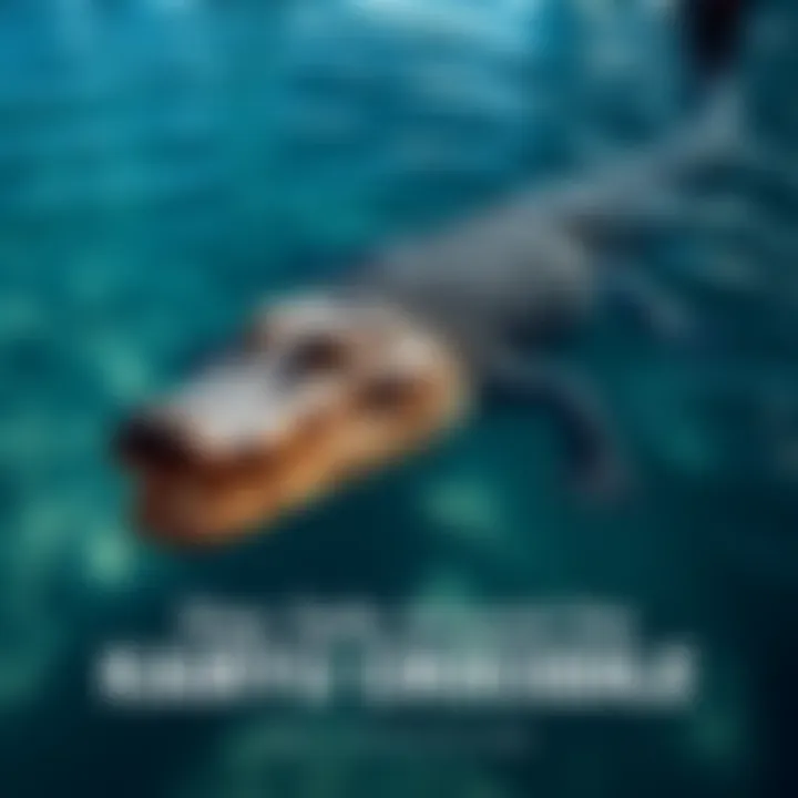 A Kairyu crocodile swimming in clear water, showcasing its powerful body and sharp teeth, with a person safely observing from a distance.