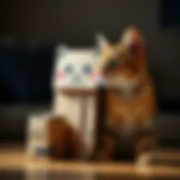 Kaiser cardboard cutout with a cat A homemade Kaiser cardboard cutout stands next to a curious cat looking at it.