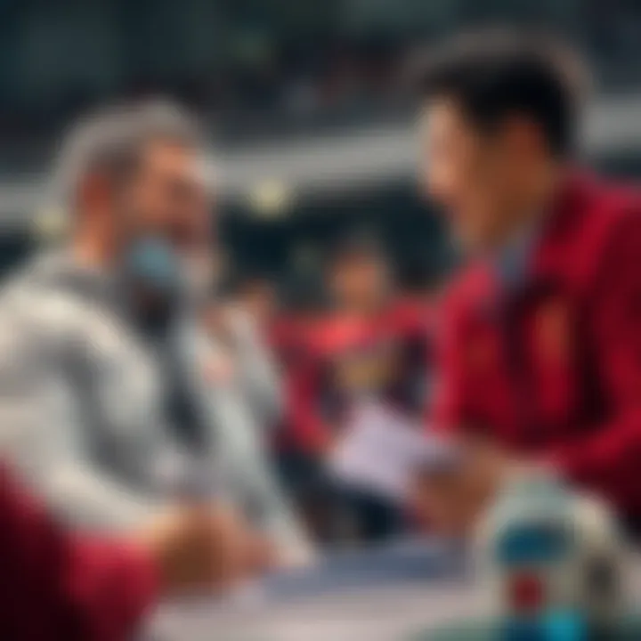 Kaiser smiles confidently while Kaneshiro signs autographs, discussing football rivalries.