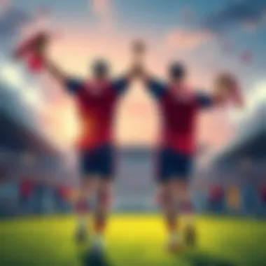 Kaiser and Ness celebrating on the field in vibrant soccer uniforms, surrounded by cheering fans.