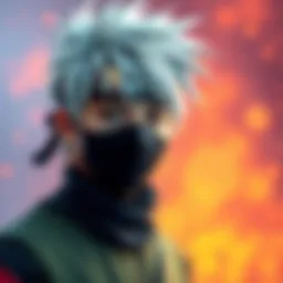 A fan showcases their first Kakashi cosplay, wearing a black mask and headband with silver hair, set against a vibrant backdrop.