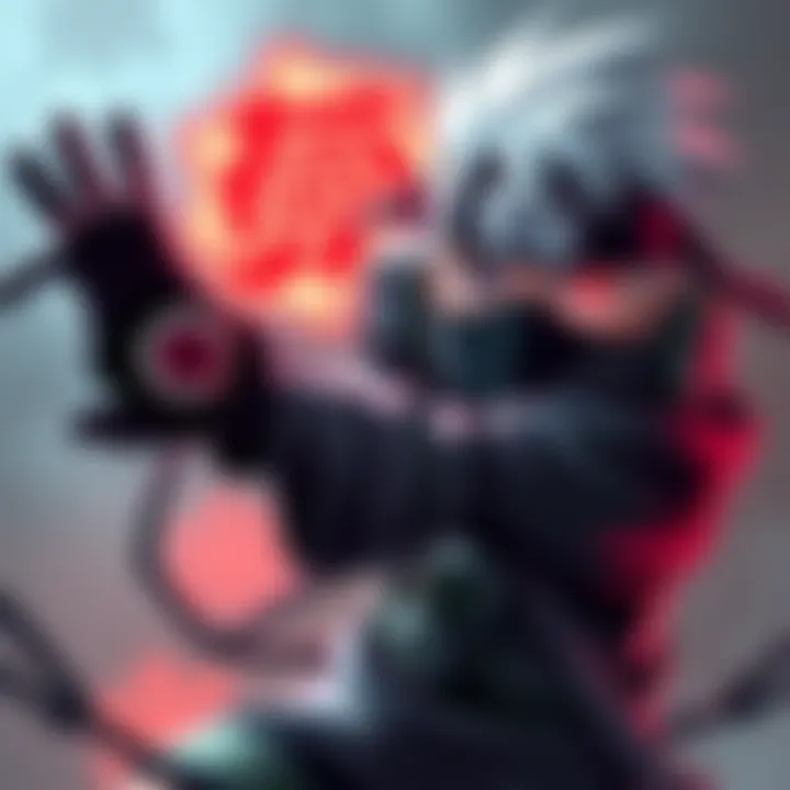 Kakashi Hatake demonstrates his ninja skills, showcasing his Sharingan eye and dynamic pose during training.