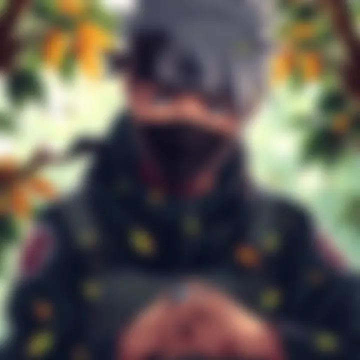 Kakashi Hatake, a ninja in a mask, checking his watch with a casual expression in a leafy environment