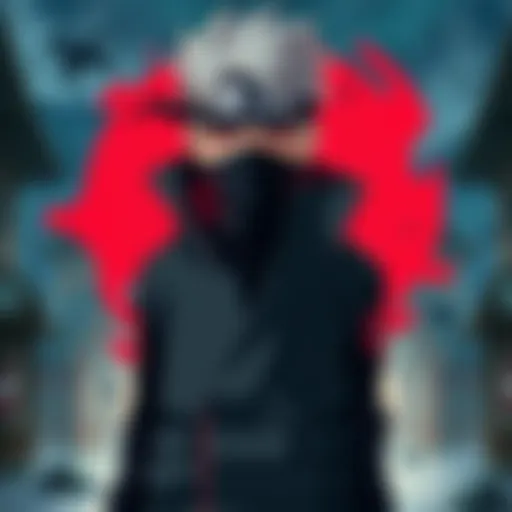 Kakashi Hatake wearing his Sharingan, standing confidently with a ninja village backdrop, revealing his determined expression and iconic headband.