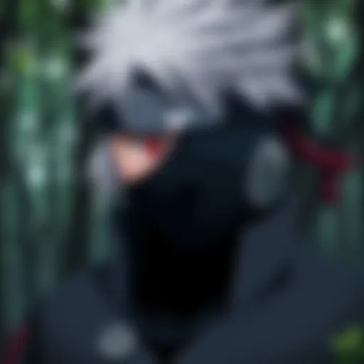 Kakashi Hatake wearing a mask, showcasing his Sharingan eye and looking serious in a forest setting.