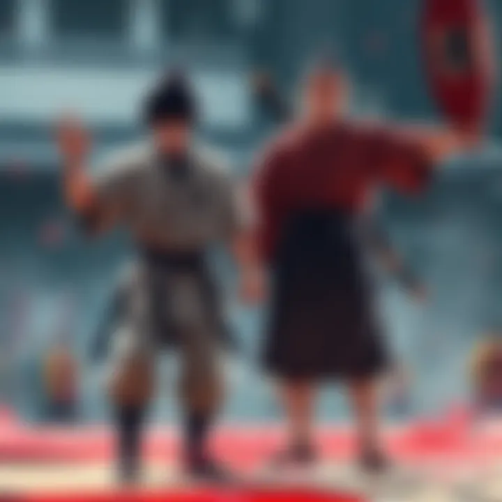 Kaku looks distressed as he trains, demonstrating his mastery of technique while appearing physically weaker. Yujiro stands confidently nearby, showcasing his impressive strength. The contrast highlights Kaku's struggle and emotional turmoil.