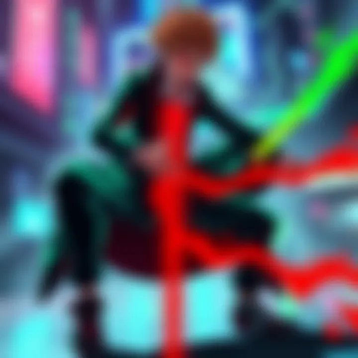 Kakyoin uses Hierophant Green to create a red line across Jotaro's leg, showcasing a unique visual effect.
