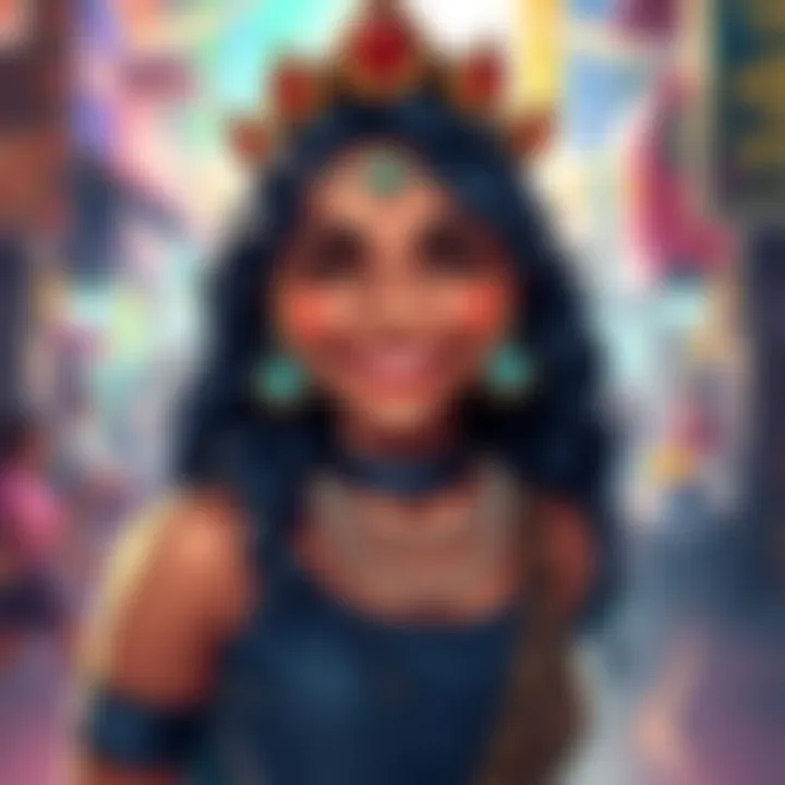 Kali stands happily, showing her vibrant personality and charm, surrounded by colorful art from her fan community.