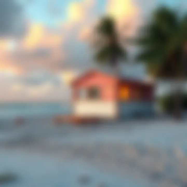 A small pink house on a sandy beach surrounded by palm trees, showing signs of wear and unpleasant condition