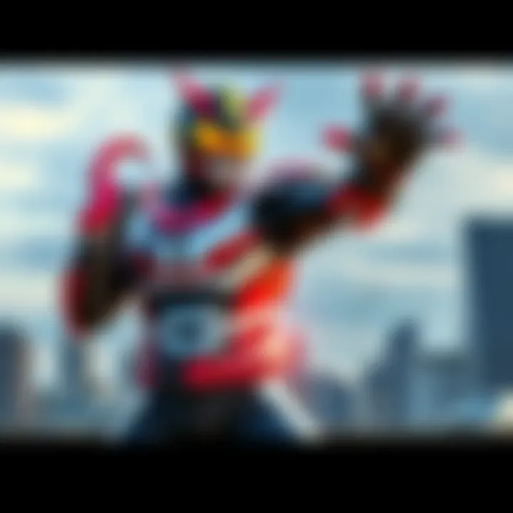 Kamen Rider Kani, dressed in a sleek costume with crab-like features, stands heroically with a backdrop of a city skyline. He is posed ready for action, showcasing his unique design and vibrant colors...