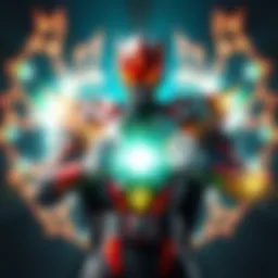 Kamen Rider Zeztz in final form Kamen Rider Zeztz showcases his powerful 11th dimensional form, surrounded by glowing energy effects that represent multiple dimensions.