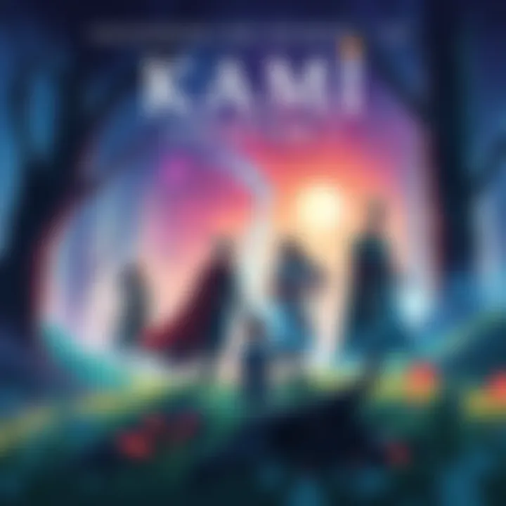 A vibrant fantasy scene showing key characters from Chapter 7 of The Oracles of Kami engaged in a dramatic moment, with a forest backdrop and mystical elements around them.