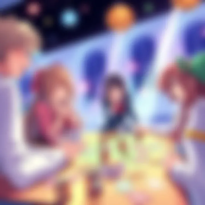 A vibrant scene from Kamiasobi featuring characters engaged in a card game, showing excitement and friendship.