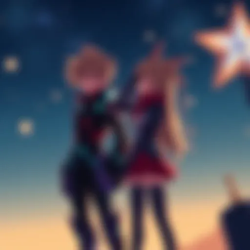 Kamina and Nia standing together, discussing alternative scenarios in Gurren Lagann, with a starry background representing endless possibilities.