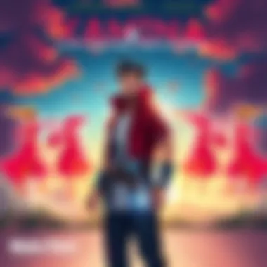 A character named Kamina, displaying confidence and determination, stands proudly with a backdrop of a vibrant landscape, symbolizing inspiration and leadership.