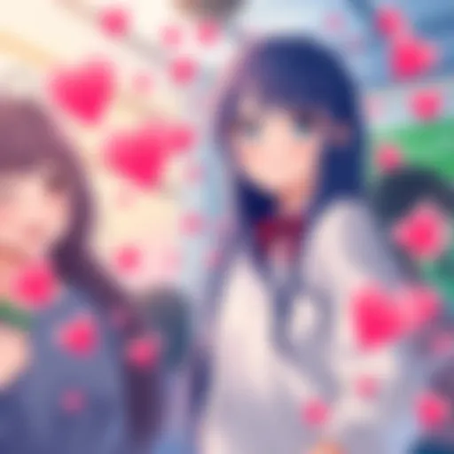 Kana Ichikawa smiling with friends in a school setting, surrounded by hearts and cheerful elements representing youth and romance.