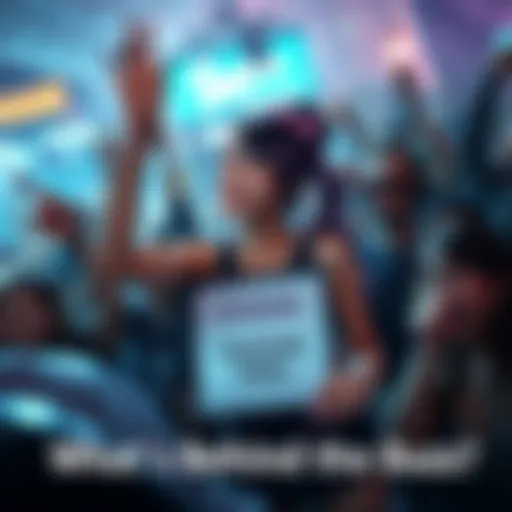 Kanade playfully holding a message board with a hint for fans, surrounded by excited crowd members.