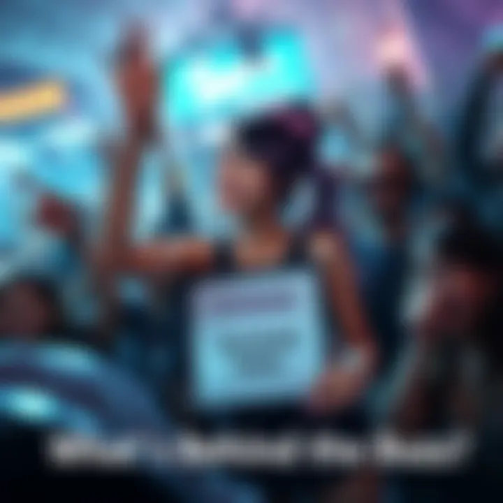 Kanade playfully holding a message board with a hint for fans, surrounded by excited crowd members.