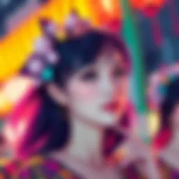 Vibrant fan art depicting Kanako Yasaka with bright colors and dynamic poses, showcasing her charming personality.