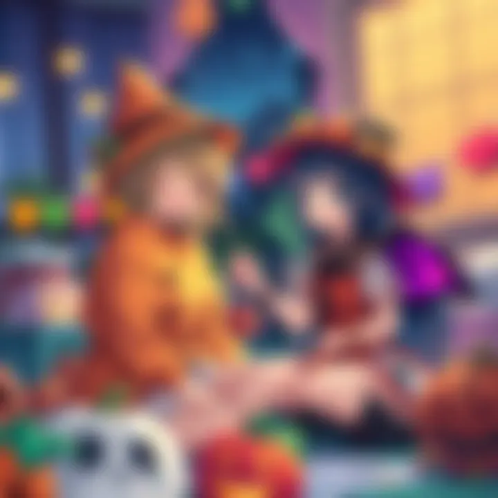 Kanao and Shinobu dressed in colorful Halloween costumes, excitedly preparing for the holiday, with decorations around them.