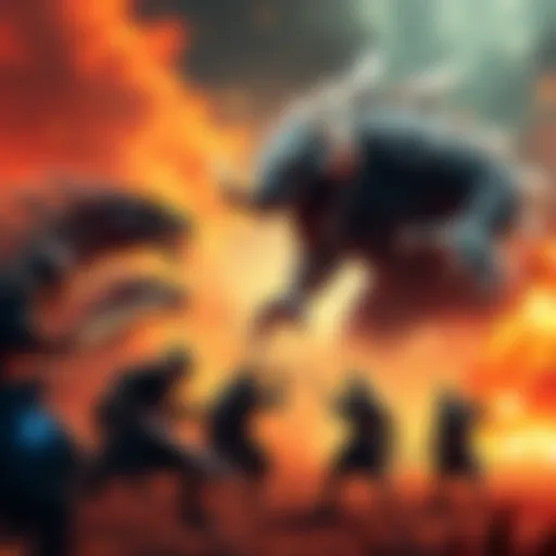 A group of Kanedas preparing for battle against a giant Wulong creature, showcasing their strength and tactics in a fierce confrontation.